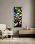 Kaleidoscopic upward view into a spiraling tree canopy rendered like glowing stained glass. panoramic glass wall art F