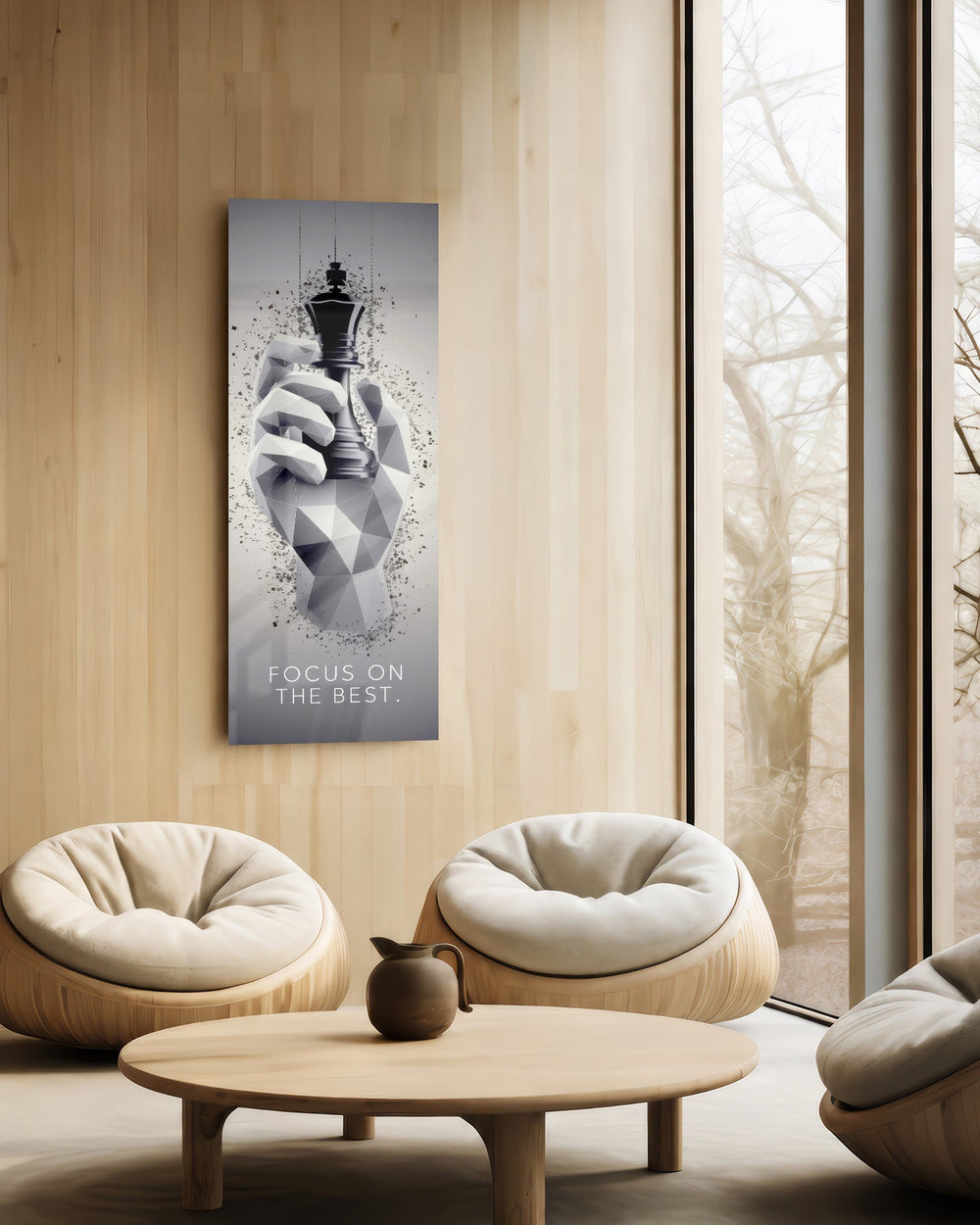 Low-poly monochrome hand grasping a black chess king as fragments burst around it. panoramic glass wall art C