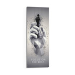Low-poly monochrome hand grasping a black chess king as fragments burst around it. panoramic glass wall art D