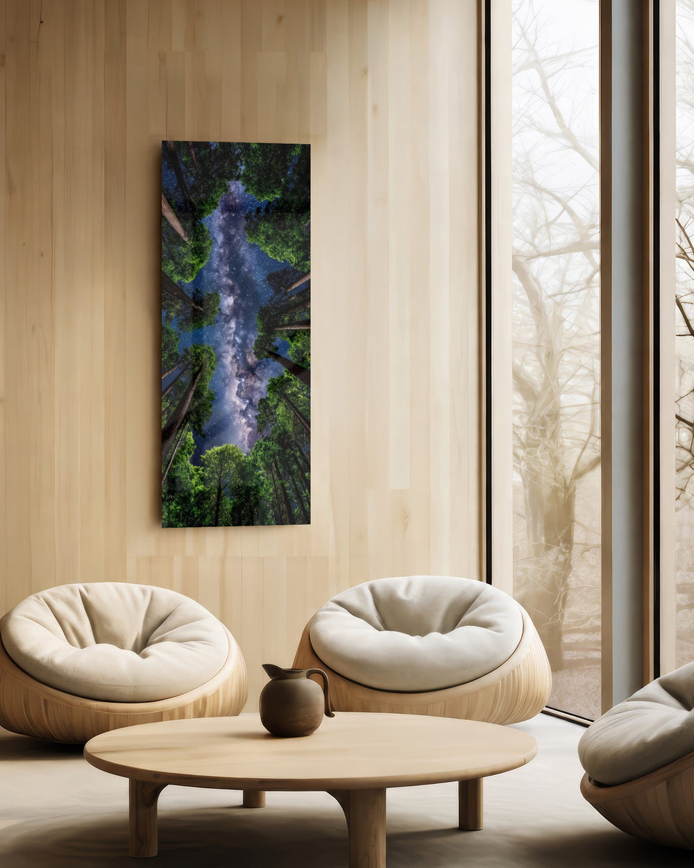 Upward view through towering forest trees to a glowing Milky Way in a star-filled sky. panoramic glass wall art C