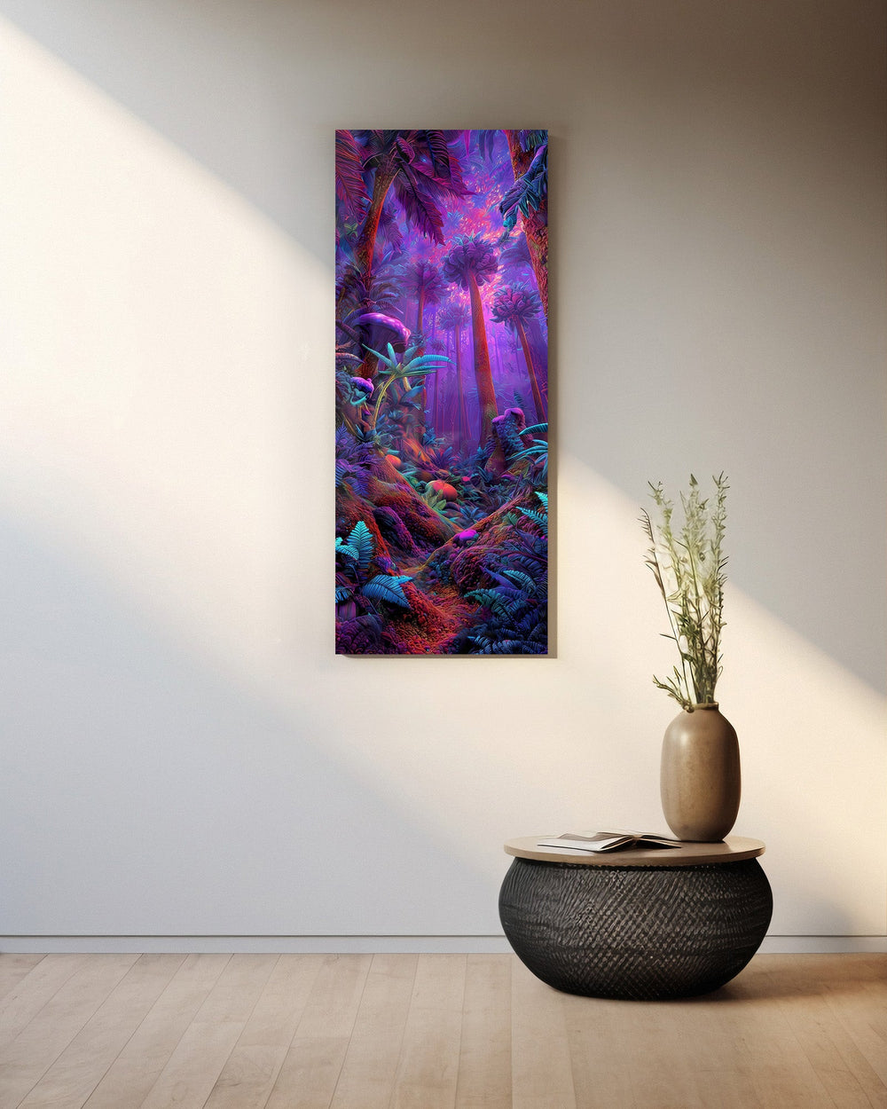 Surreal tropical jungle glowing in electric purple, magenta and cyan neon light. panoramic glass wall art A