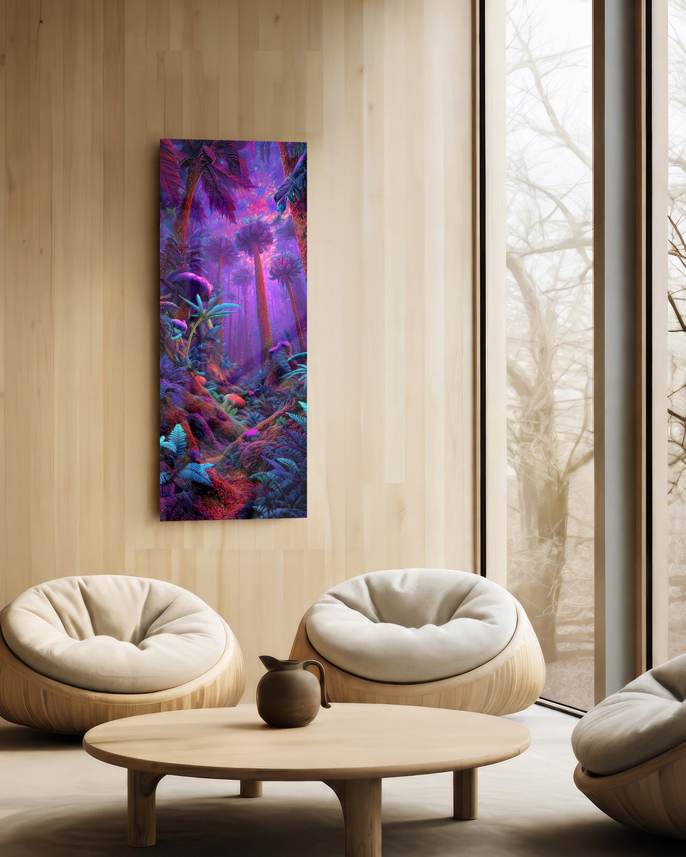 Surreal tropical jungle glowing in electric purple, magenta and cyan neon light. panoramic glass wall art C
