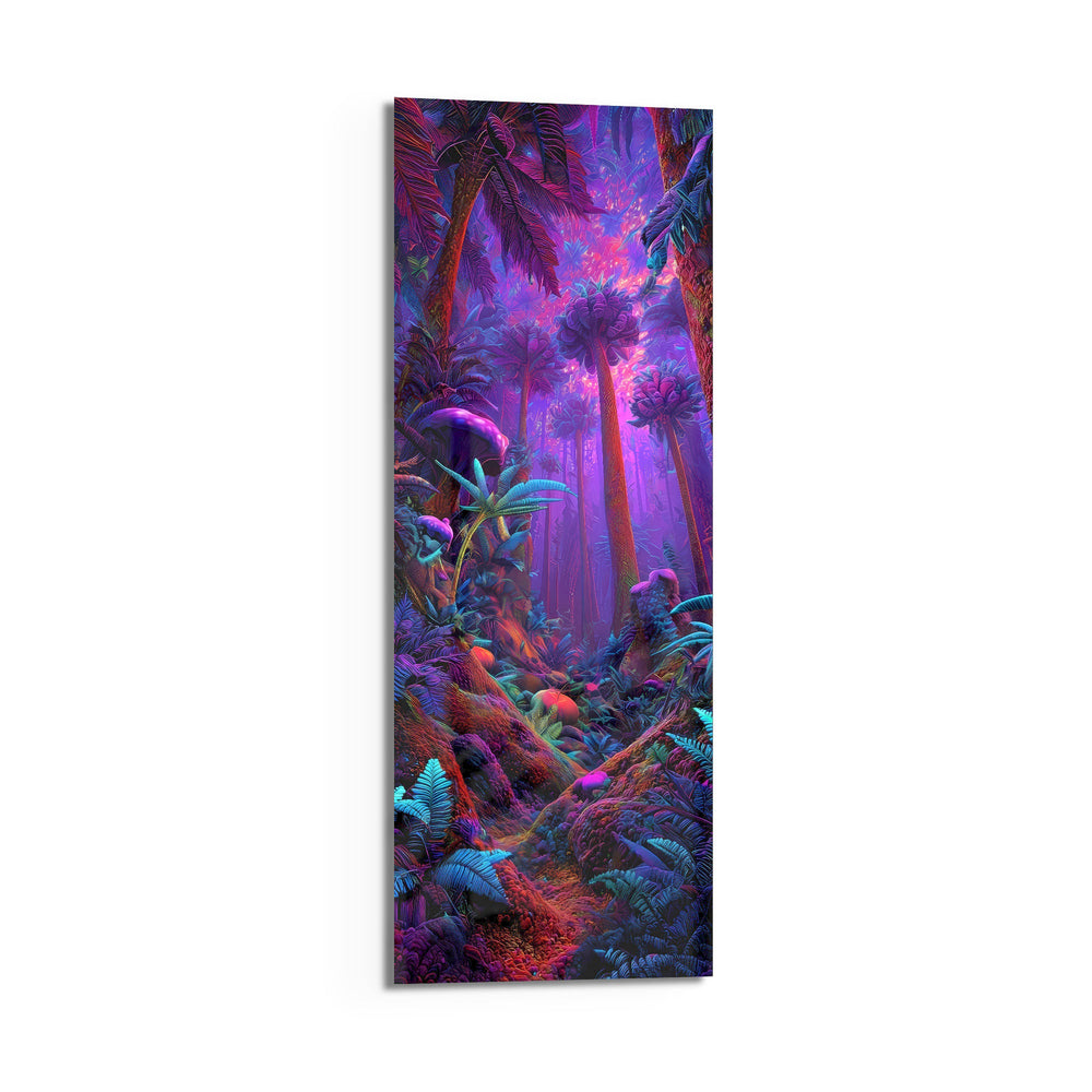 Surreal tropical jungle glowing in electric purple, magenta and cyan neon light. panoramic glass wall art D