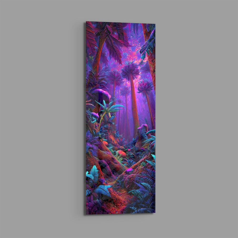 Surreal tropical jungle glowing in electric purple, magenta and cyan neon light. panoramic glass wall art E