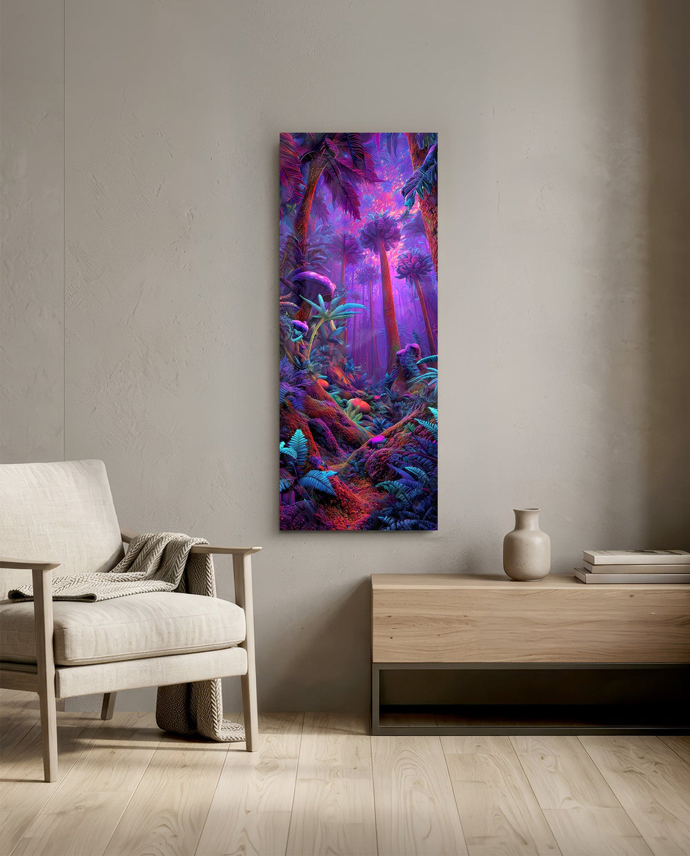 Surreal tropical jungle glowing in electric purple, magenta and cyan neon light. panoramic glass wall art F