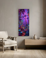 Surreal tropical jungle glowing in electric purple, magenta and cyan neon light. panoramic glass wall art F