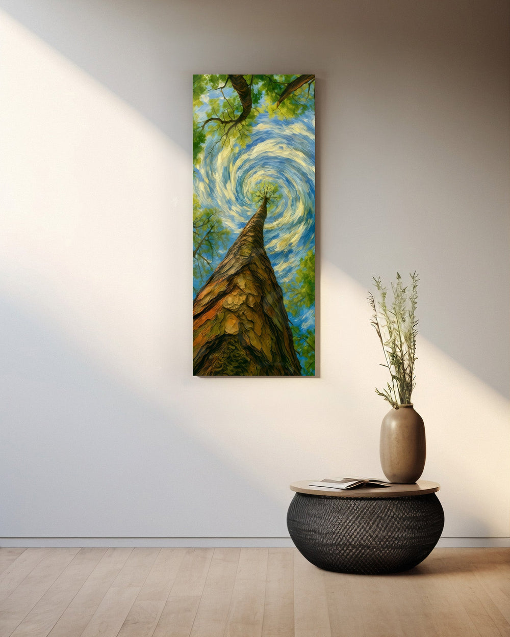 Impressionist upward view of a tall tree trunk reaching into a swirling painted sky. panoramic glass wall art A