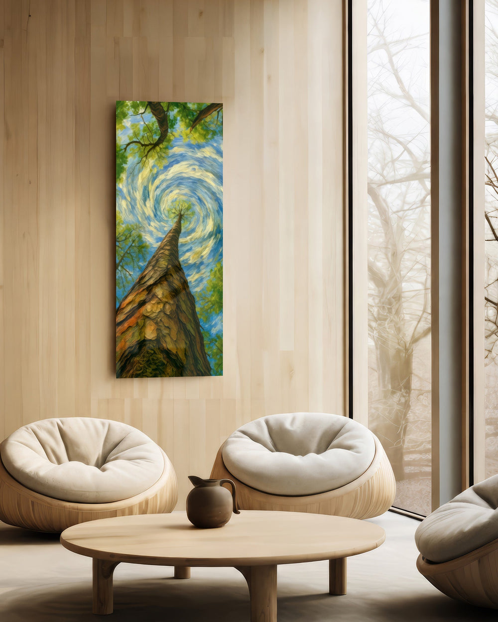 Impressionist upward view of a tall tree trunk reaching into a swirling painted sky. panoramic glass wall art C