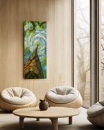 Impressionist upward view of a tall tree trunk reaching into a swirling painted sky. panoramic glass wall art C