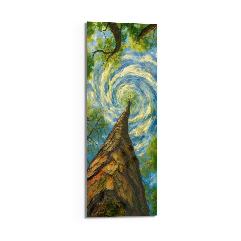Impressionist upward view of a tall tree trunk reaching into a swirling painted sky. panoramic glass wall art D