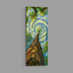 Impressionist upward view of a tall tree trunk reaching into a swirling painted sky. panoramic glass wall art E