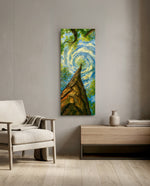 Impressionist upward view of a tall tree trunk reaching into a swirling painted sky. panoramic glass wall art F