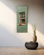 Minimalist illustration of a person lounging on a sill of a sage-green house, reading a book. panoramic glass wall art A