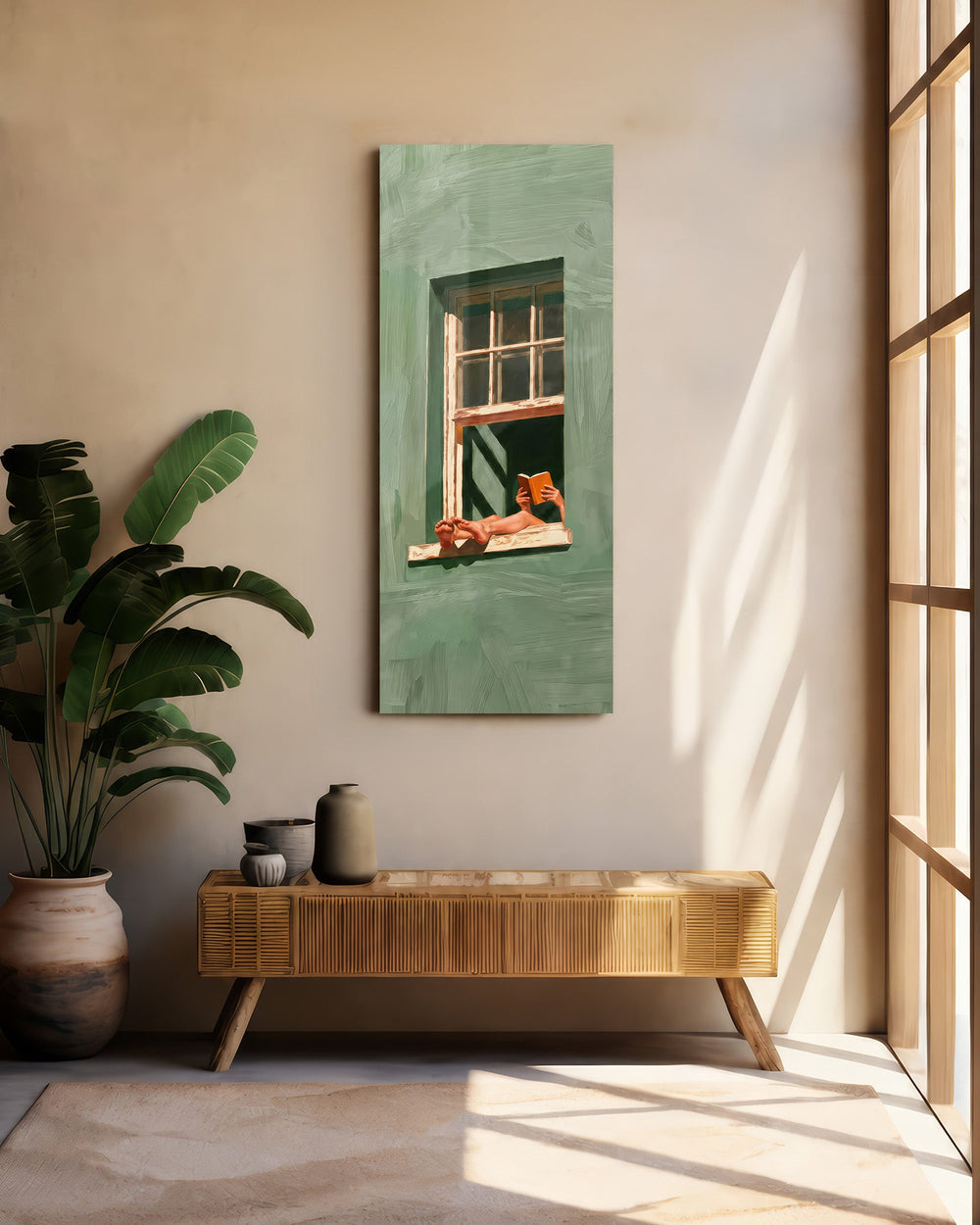 Reading by the Green Window Glass Wall Art (36"x14")