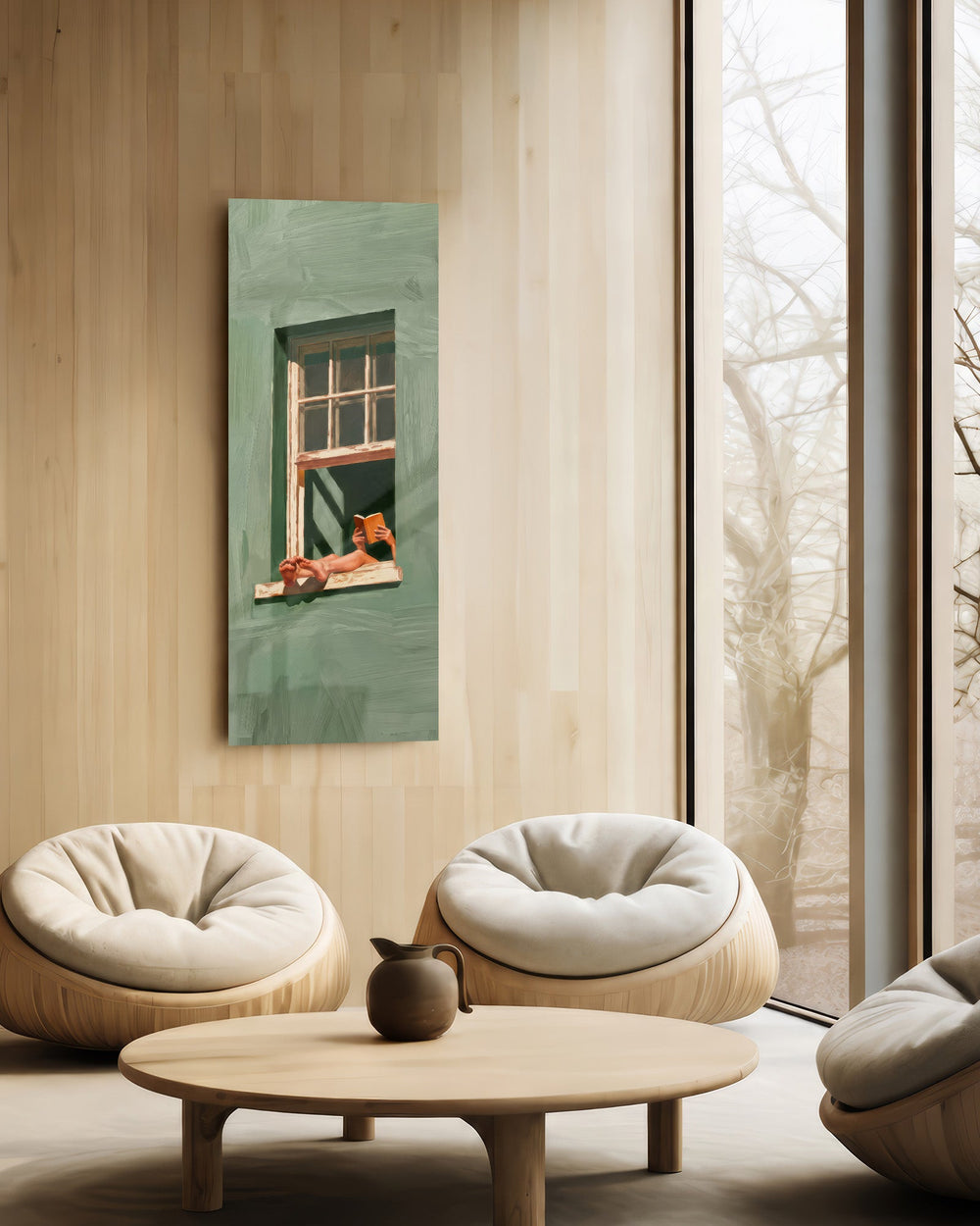 Minimalist illustration of a person lounging on a sill of a sage-green house, reading a book. panoramic glass wall art C