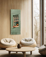 Minimalist illustration of a person lounging on a sill of a sage-green house, reading a book. panoramic glass wall art C