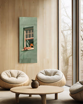 Minimalist illustration of a person lounging on a sill of a sage-green house, reading a book. panoramic glass wall art C
