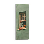 Minimalist illustration of a person lounging on a sill of a sage-green house, reading a book. panoramic glass wall art D