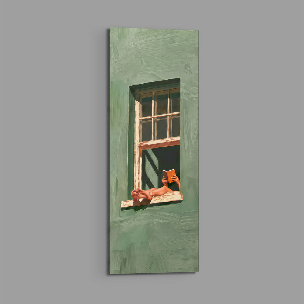 Minimalist illustration of a person lounging on a sill of a sage-green house, reading a book. panoramic glass wall art E