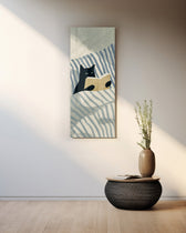 Minimalist illustration of a black cat propped up in striped bedding holding an open book. panoramic glass wall art A
