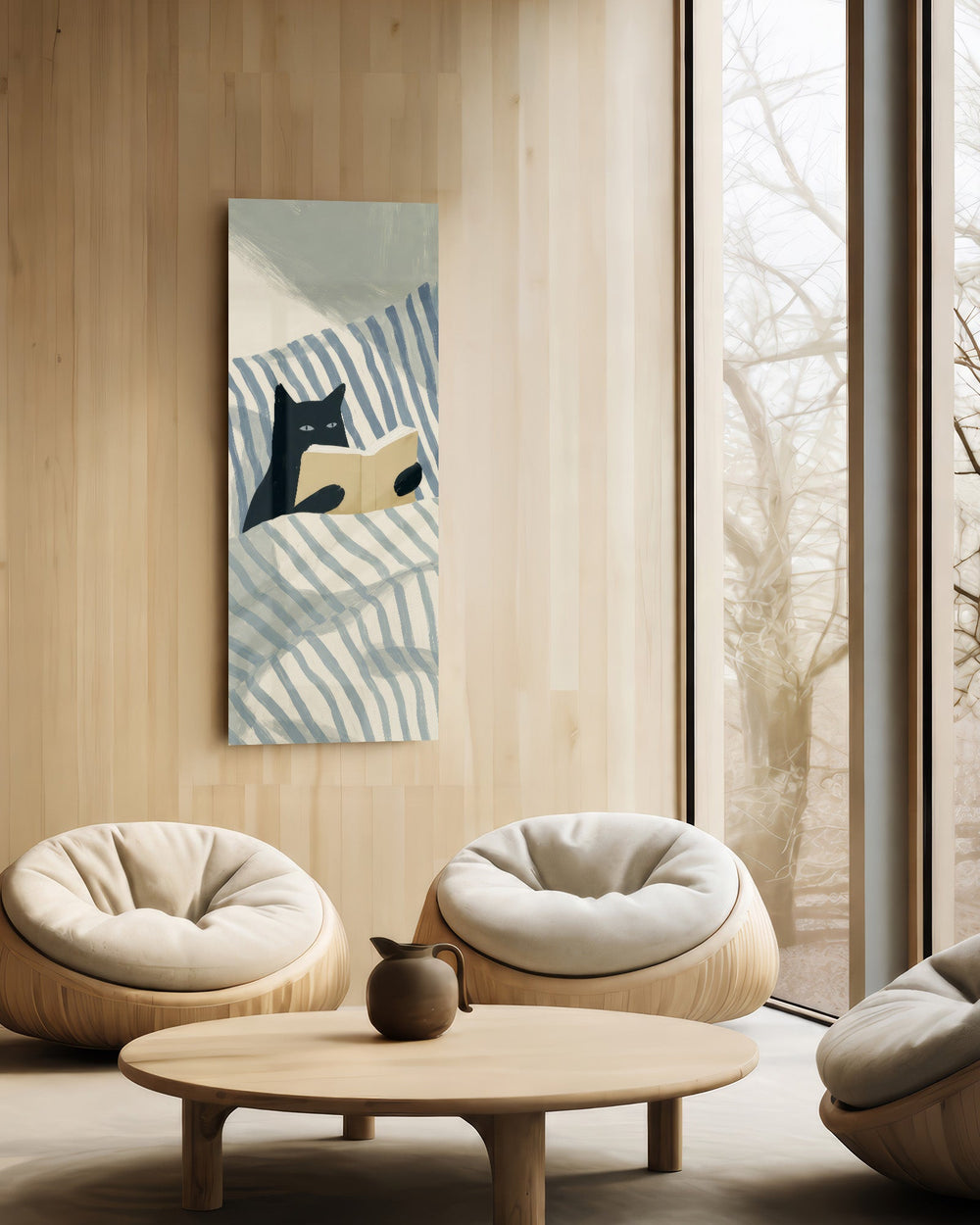 Minimalist illustration of a black cat propped up in striped bedding holding an open book. panoramic glass wall art C
