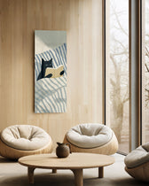 Minimalist illustration of a black cat propped up in striped bedding holding an open book. panoramic glass wall art C