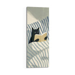 Minimalist illustration of a black cat propped up in striped bedding holding an open book. panoramic glass wall art D