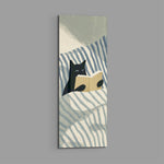 Minimalist illustration of a black cat propped up in striped bedding holding an open book. panoramic glass wall art E