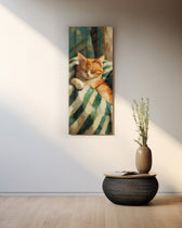 Impressionist oil-style portrait of a ginger cat napping on a green-and-cream striped throw. panoramic glass wall art A