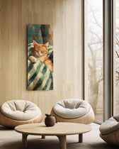 Impressionist oil-style portrait of a ginger cat napping on a green-and-cream striped throw. panoramic glass wall art C