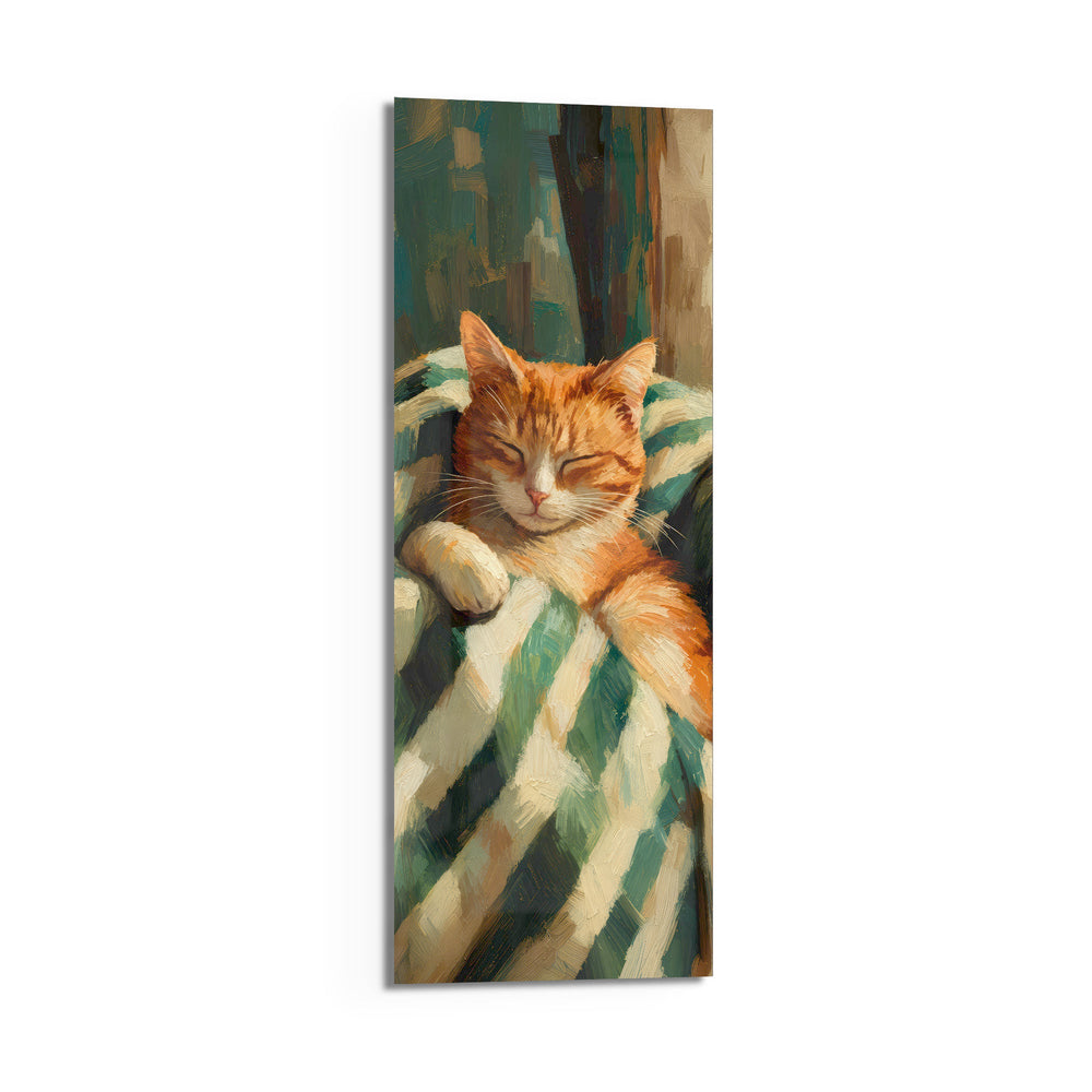 Impressionist oil-style portrait of a ginger cat napping on a green-and-cream striped throw. panoramic glass wall art D