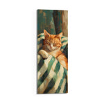 Impressionist oil-style portrait of a ginger cat napping on a green-and-cream striped throw. panoramic glass wall art D