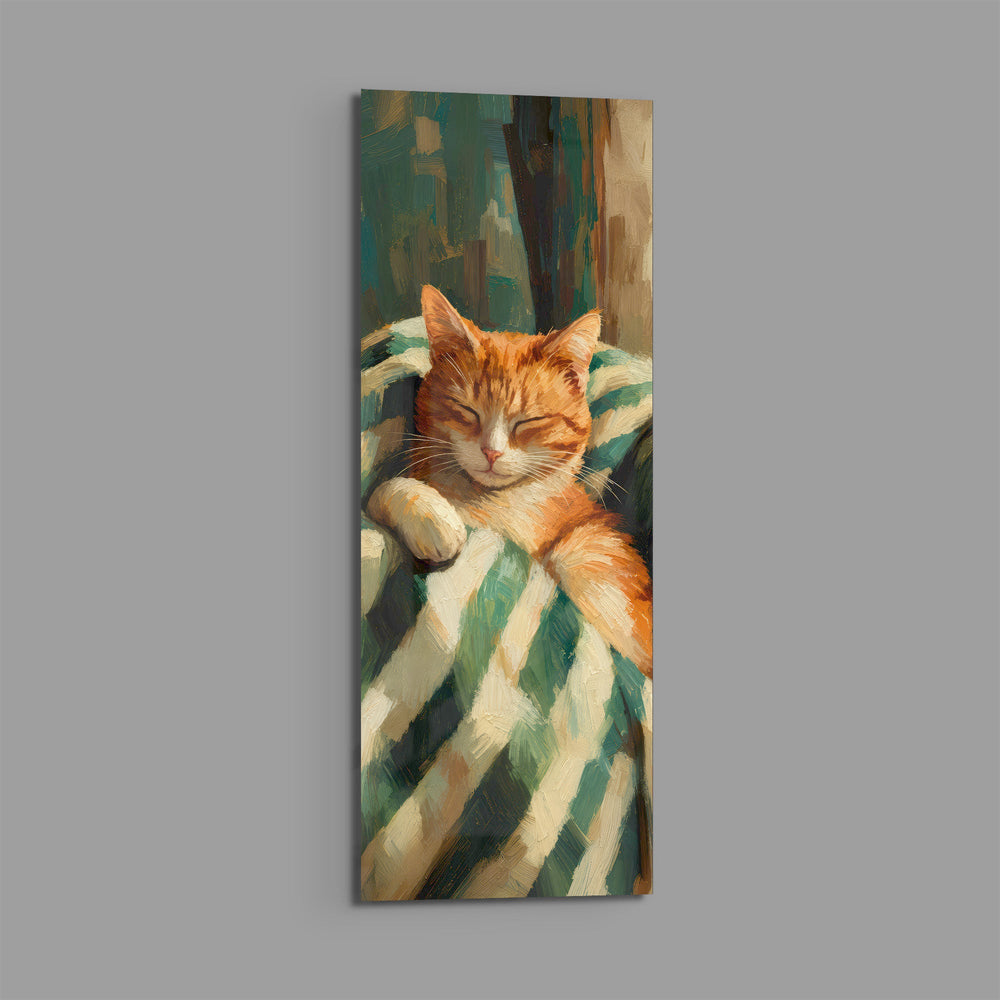 Impressionist oil-style portrait of a ginger cat napping on a green-and-cream striped throw. panoramic glass wall art E