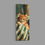 Impressionist oil-style portrait of a ginger cat napping on a green-and-cream striped throw. panoramic glass wall art E
