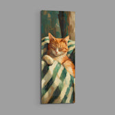 Impressionist oil-style portrait of a ginger cat napping on a green-and-cream striped throw. panoramic glass wall art E