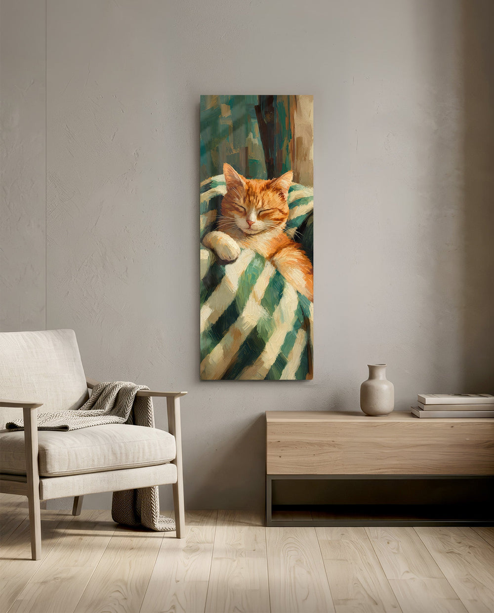 Impressionist oil-style portrait of a ginger cat napping on a green-and-cream striped throw. panoramic glass wall art F