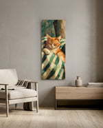 Impressionist oil-style portrait of a ginger cat napping on a green-and-cream striped throw. panoramic glass wall art F