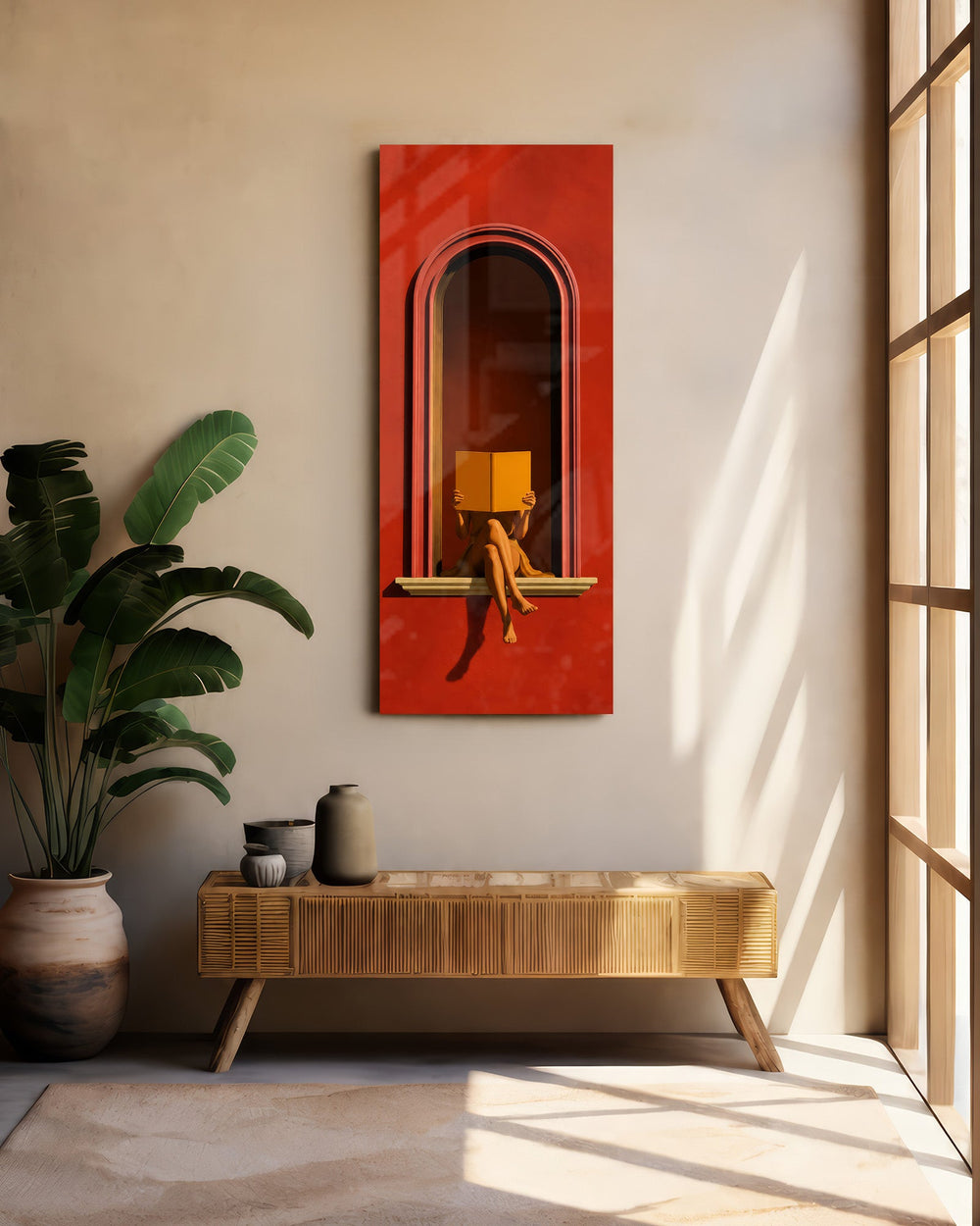Book-Faced Reader in Red Arch Glass Wall Art (36"x14")
