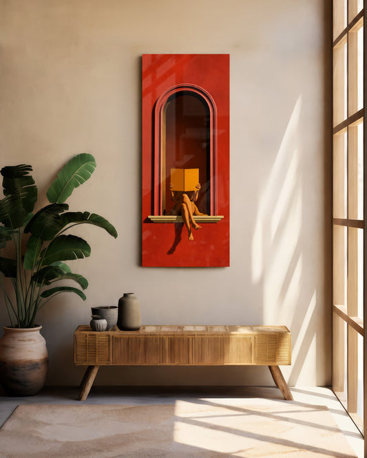 Book-Faced Reader in Red Arch Glass Wall Art (36"x14")