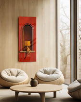 A seated figure reading on the sill of a terracotta-red arched niche, face hidden behind an open golden book. panoramic glass wall art C