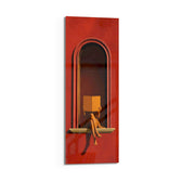 A seated figure reading on the sill of a terracotta-red arched niche, face hidden behind an open golden book. panoramic glass wall art D