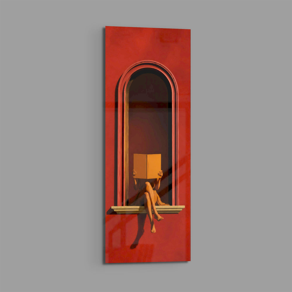 A seated figure reading on the sill of a terracotta-red arched niche, face hidden behind an open golden book. panoramic glass wall art E