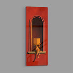 A seated figure reading on the sill of a terracotta-red arched niche, face hidden behind an open golden book. panoramic glass wall art E