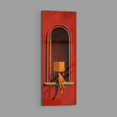 A seated figure reading on the sill of a terracotta-red arched niche, face hidden behind an open golden book. panoramic glass wall art E