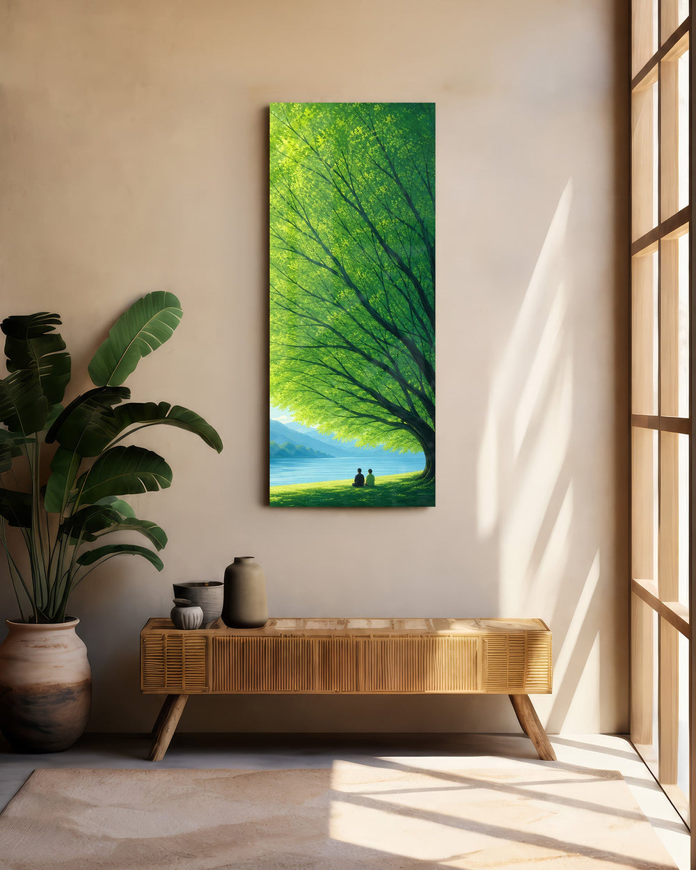 Couple Under Green Tree by the Lake Glass Wall Art (36"x14")