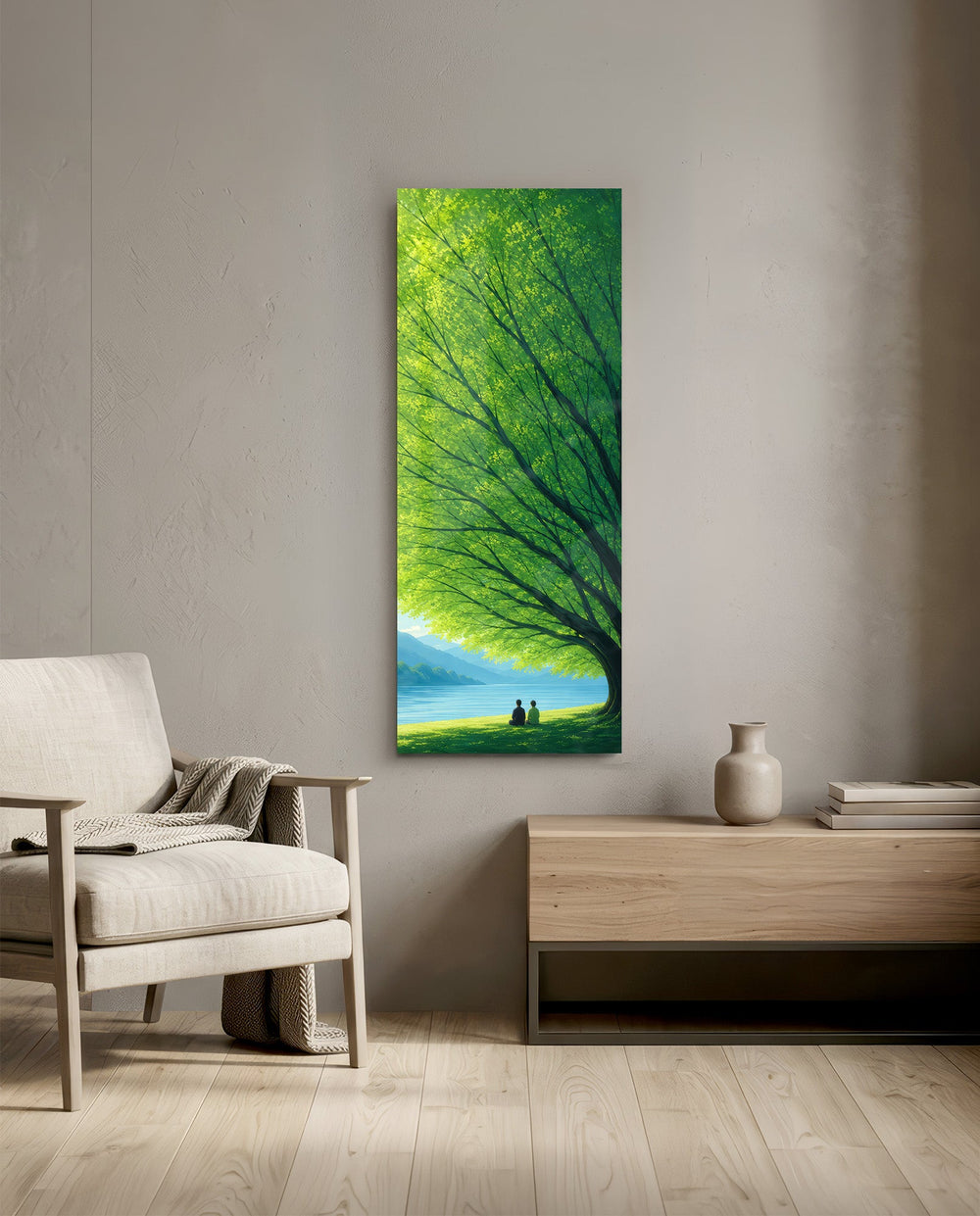 Two small figures sitting together on grass beneath a vast green tree, gazing over a calm blue lake toward distant mountains. panoramic glass wall art F