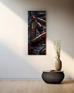 Dark, dramatic still life of crimson lipsticks shaped like brass cartridges, scattered with red lip prints, petals and water droplets. panoramic glass wall art A