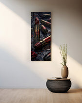Dark, dramatic still life of crimson lipsticks shaped like brass cartridges, scattered with red lip prints, petals and water droplets. panoramic glass wall art A