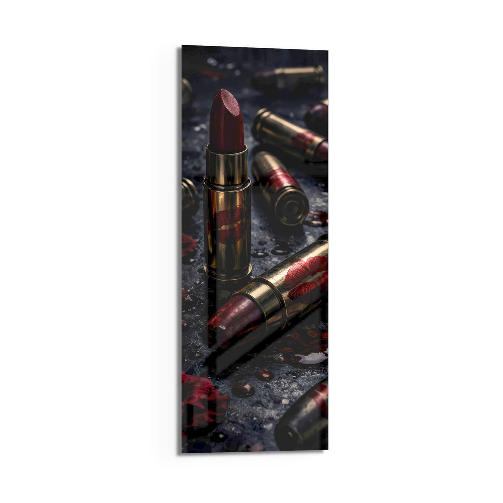 Dark, dramatic still life of crimson lipsticks shaped like brass cartridges, scattered with red lip prints, petals and water droplets. panoramic glass wall art D