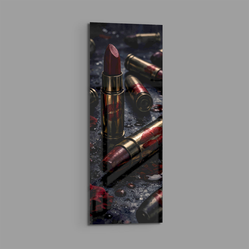 Dark, dramatic still life of crimson lipsticks shaped like brass cartridges, scattered with red lip prints, petals and water droplets. panoramic glass wall art E